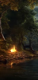 A peaceful forest night scene with a glowing campfire by a river.