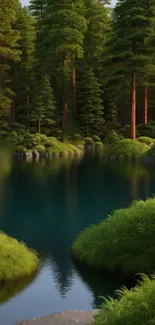 Serene forest and lake mobile wallpaper with lush greenery.