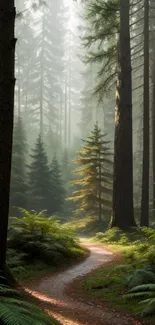 A serene forest path surrounded by tall green trees and lush foliage.