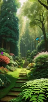 Serene forest path with butterflies and lush greenery, perfect for nature lovers.