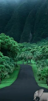 Wallpaper of a forest path with an elephant and lush greenery.