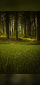 Serene forest path surrounded by lush greenery and tall trees.