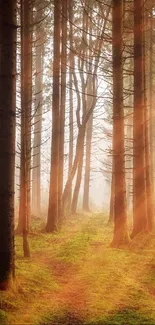 Sunlit path through tranquil forest with tall trees.