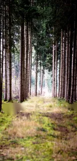 A serene forest path lined with tall trees and green undergrowth.