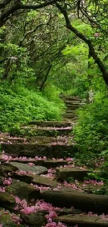 A tranquil forest path with green foliage and pink flowers.