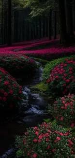 Forest path with red roses and a flowing stream wallpaper.