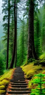 A lush green forest pathway with tall trees.
