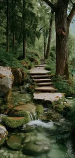 Serene forest pathway with lush greenery near a stream.