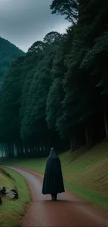 Cloaked figure walking a serene forest path.