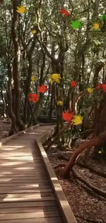 Serene forest path with autumn leaves and wooden walkway.