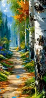 Serene forest pathway with birch trees and colorful foliage.