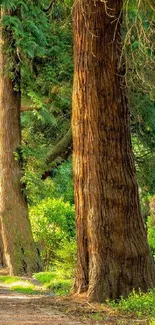 Tall trees lining a sunlit forest path with lush green foliage.