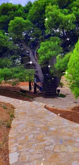 Lush green forest path leading to a cozy treehouse.