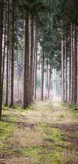 Lush green forest pathway amidst tall trees, a serene nature wallpaper.