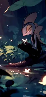 A tranquil Pokemon in a serene, dark forest setting.