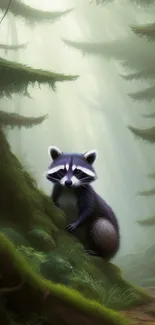 Raccoon in a misty forest with lush green scenery.