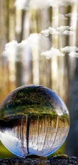 Crystal sphere reflecting trees in a tranquil forest scene.