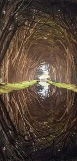 Forest tunnel with a mirrored water reflection, creating a serene mobile wallpaper.