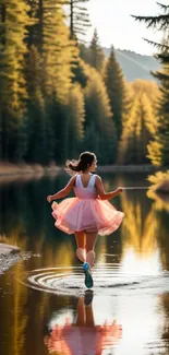 Woman in pink dress running through a peaceful forest waterway.