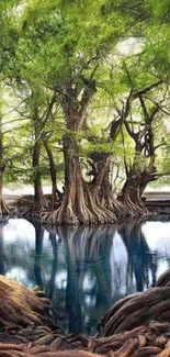 Serene forest with green trees reflecting on calm water surface.