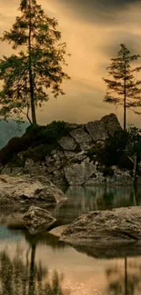 Scenic forest view with lake reflections and stormy sky.