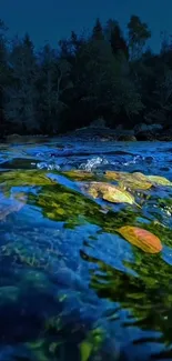 Twilight river flowing through a serene forest setting under a blue sky.