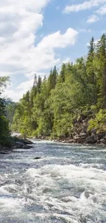 Scenic view of a river flowing through a lush green forest under a cloudy sky.