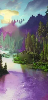 Vibrant forest river wallpaper with lush greenery and a serene purple sky.