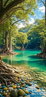 Lush forest river with smooth stones and tall trees in a serene setting.