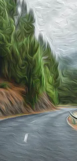 Artistic rendering of a scenic forest road with lush green trees.