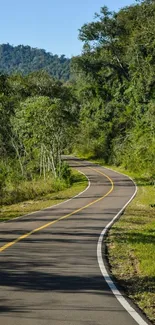 Scenic winding road through lush green forest in mobile wallpaper.