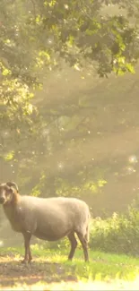 Sheep grazing peacefully in a sunlit forest with lush greenery.