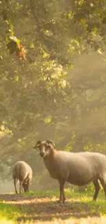 Sheep graze peacefully in a misty forest clearing.