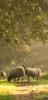 Sheep grazing in a sunlit forest path, creating a serene nature scene.