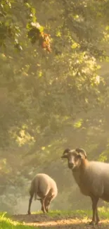 Sheep standing in sunlit forest with green backdrop.