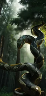 Majestic snake coiled in sunlit forest.