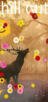 Majestic stag in misty forest with colorful flowers.