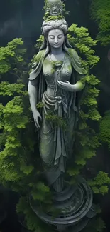 A serene stone statue surrounded by lush green forest creates a tranquil mobile wallpaper.