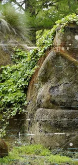 Forest stone faces with green moss in a tranquil setting.