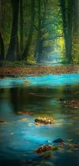 Serene forest stream with vibrant blue waters and lush green trees.