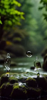 Forest stream with glass figures and greenery.