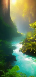 Peaceful forest stream with lush green foliage.