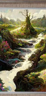 Serene stream flows through lush green forest with vibrant flowers.