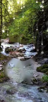 A tranquil forest stream with lush greenery and gentle water flow under starry skies.