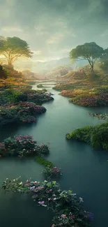 Serene forest stream with flowers and misty sky wallpaper.