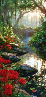 Serene forest stream with vibrant flowers.