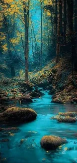 Serene forest stream with teal water and vibrant foliage.