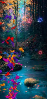 Calming forest stream with autumn colors and teal water.