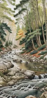 A serene forest stream flows through lush green trees in a nature wallpaper scene.