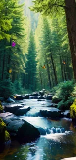 Serene forest stream with butterflies, lush green trees, and flowing water.